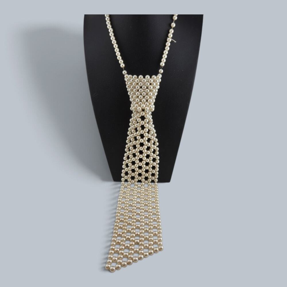 Vintage Faux Pearl Necktie Necklace Lariat Woven Statement Bib Repair Hong Kong